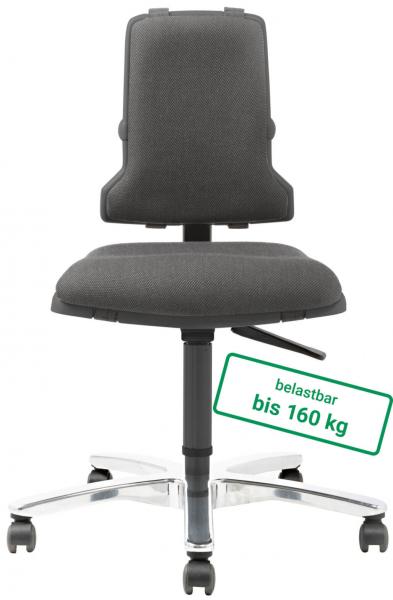 The image shows a swivel office chair with a gray upholstered seat and a high backrest. It stands on a silver base with five casters. The maximum load capacity is 160 kg.