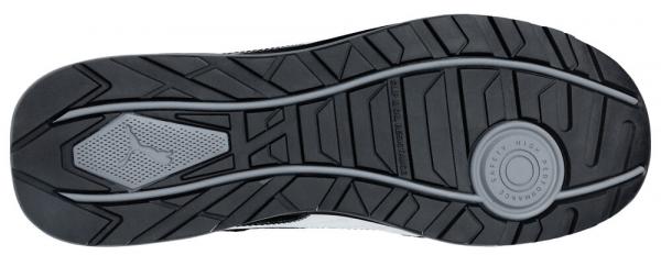 The image shows the sole of a sports shoe. It is black with tread patterns and special structures designed to provide good traction.
