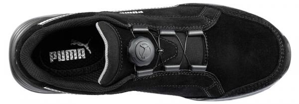 The shoe is black with a smooth surface and reinforced upper. It has round lacing with a special closure and a comfortable, profiled sole.