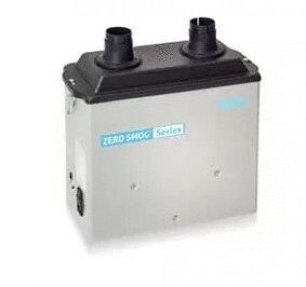 The image shows a rectangular, silver-colored device with a black top. It has two black tubes on the top and blue lettering that reads "ZERO SMOG Series".