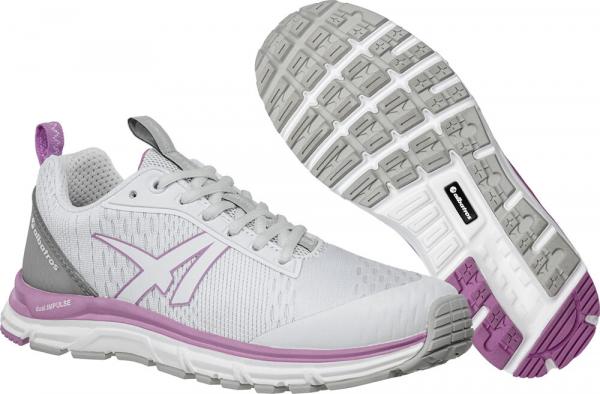 Das Bild zeigt ein Paar Laufschuhe. Sie sind überwiegend weiß mit grauen und lila Akzenten. Die Sohle hat ein rutschfestes Muster und die Schuhe sind sportlich und leicht.