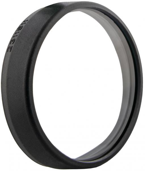 Das Bild zeigt einen schmalen, runden Ring aus schwarzem Material. Die Oberfläche ist glatt, mit einer etwas dicker wirkenden hinteren Kante. Der Ring hat einen leichten Glanz an der Innenseite.