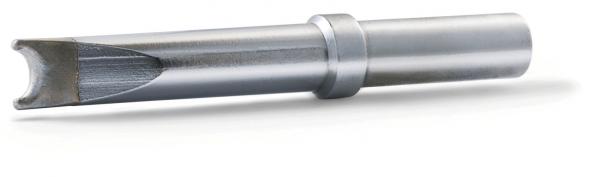 The image displays a silver tool shaped like a screwdriver tip. It features a broad, square head and a cylindrical body with an additional ring in the middle.