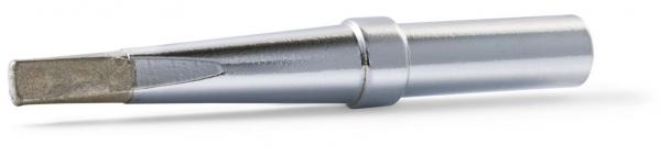 The image shows a narrow, metallic tool attachment with a flat tip. It has a conical shape and a round handle that is indented in the middle. The surface is shiny and silver.
