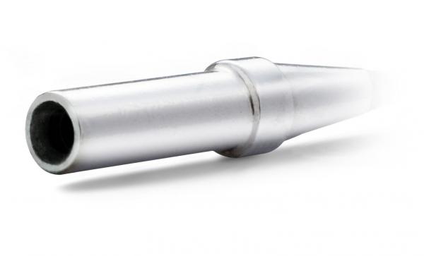 The image shows a silver, conical metal object. It has a wide, cylindrical beginning that tapers towards the tip. The surface is smooth and shiny.