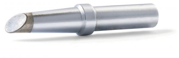 The image shows a metallic tool attachment. It is elongated with a round, flat tip and a central ring. The surface is smooth and shiny, made of silver metal.