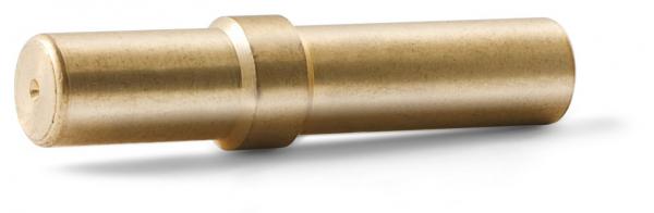 The image shows a cylindrical metal rod made from brass-colored material with a smooth surface. It has a wider, flat part at one end and a hole in the center.