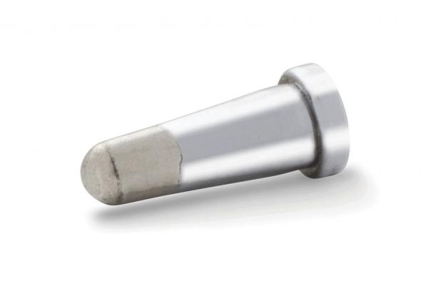 The image shows a small, conical metal pin. It has a smooth, silver surface and a wider base. The tip is rounded and slightly recessed.