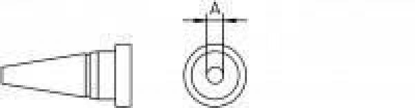 The image displays a technical drawing. On the left is a conical shape with a flat base, on the right a circular view with a central point and a small line above it.