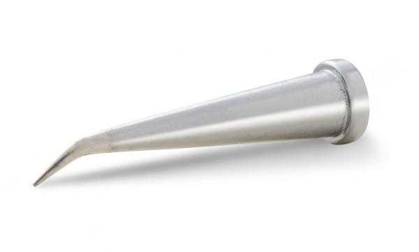 The image shows a conical, metallic spout with a pointed, downward tapering shape. The upper part is wider and has a solid rim.