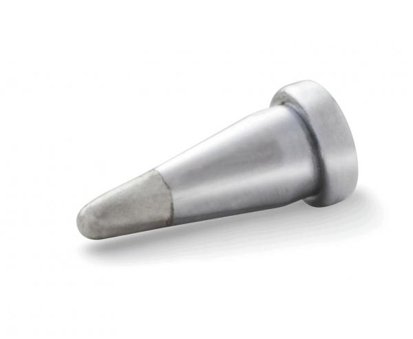 The image shows a conical, metallic object with a pointed shape. The surface shines silver, while the tip has a matte, gray color.