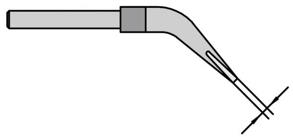 The image shows a tool attached to a long, straight handle. The tip is curved and has an opening on the side that faces a surface.