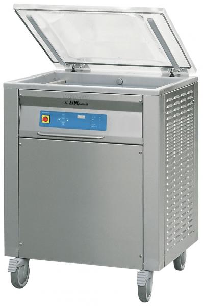 The image shows a square, silver vacuum sealer with a removable, foldable lid. A digital control with buttons and a display is located on the front. The device is mounted on rollers.