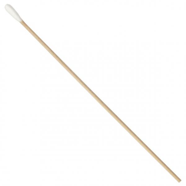 The image shows a cotton swab: a long, narrow wooden stick with a soft, white head on one end. It is commonly used for cleaning.