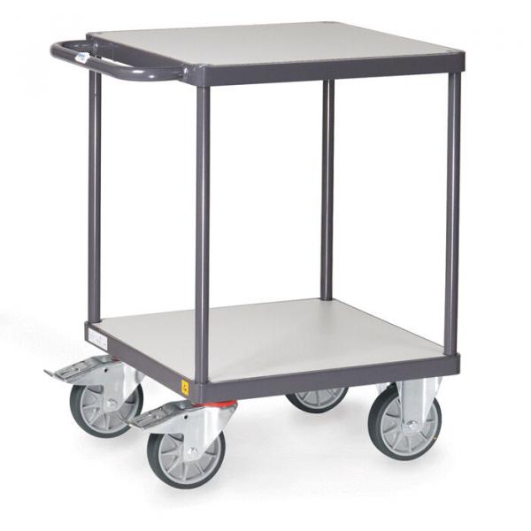 The image depicts a simple, two-tier serving cart with a gray metal frame. It has two levels, an upper and a lower, as well as four casters for mobility.