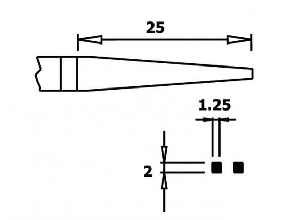 The image displays a technical drawing of a conical object with a length of 25 units. There are measurements: 1.25 and 2 units, as well as two small square shapes.