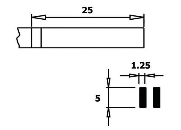 Das Bild zeigt technische Zeichnungen. Oben ist ein längliches Objekt mit einer Länge von 25 Einheiten. Unten sind zwei schwarze Rechtecke und Maße von 1,25 und 5 Einheiten dargestellt.