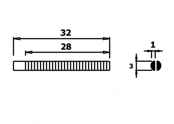 The image shows a technical drawing of a narrow object with dimensions: 32 mm length, 28 mm width. On one side, 1 mm thick holes, 3 mm high, are depicted.
