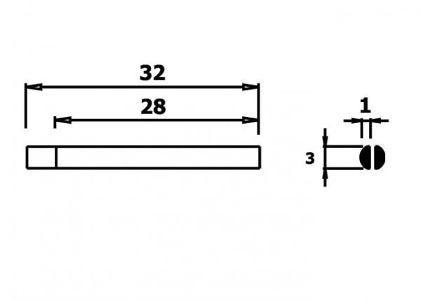 The image displays a technical drawing of an object with dimensions of 32 mm and 28 mm in length and width, respectively. There is a diameter of 3 mm for a hole.