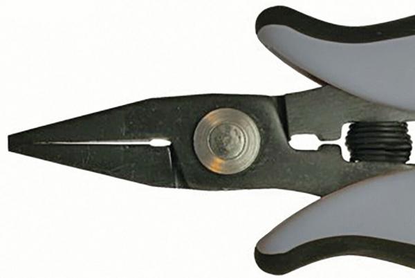 The image shows a pair of pliers with pointed, metallic jaws. The handle is ergonomically designed with a white and black rubber surface, ideal for gripping and cutting.