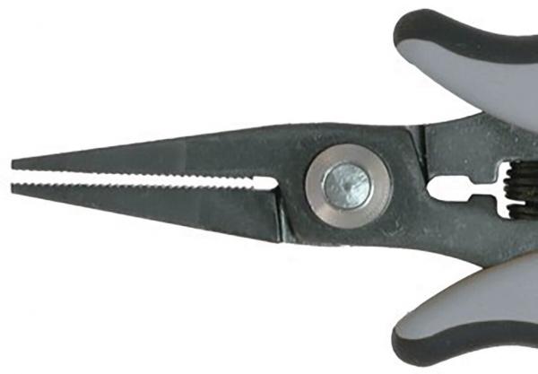 The image shows a pair of pliers with gray, rubberized handles. The tips are sharp and serrated, ideal for gripping and cutting objects. The pliers are sturdy and functional.