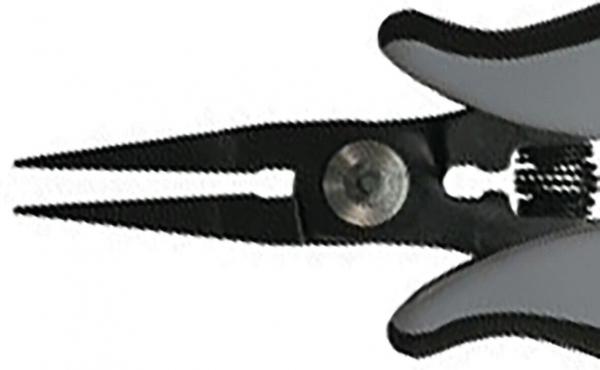 The image shows a pair of pliers with two long, narrow gripping arms. The pliers have a black handle with gray accents and a central joint connection.