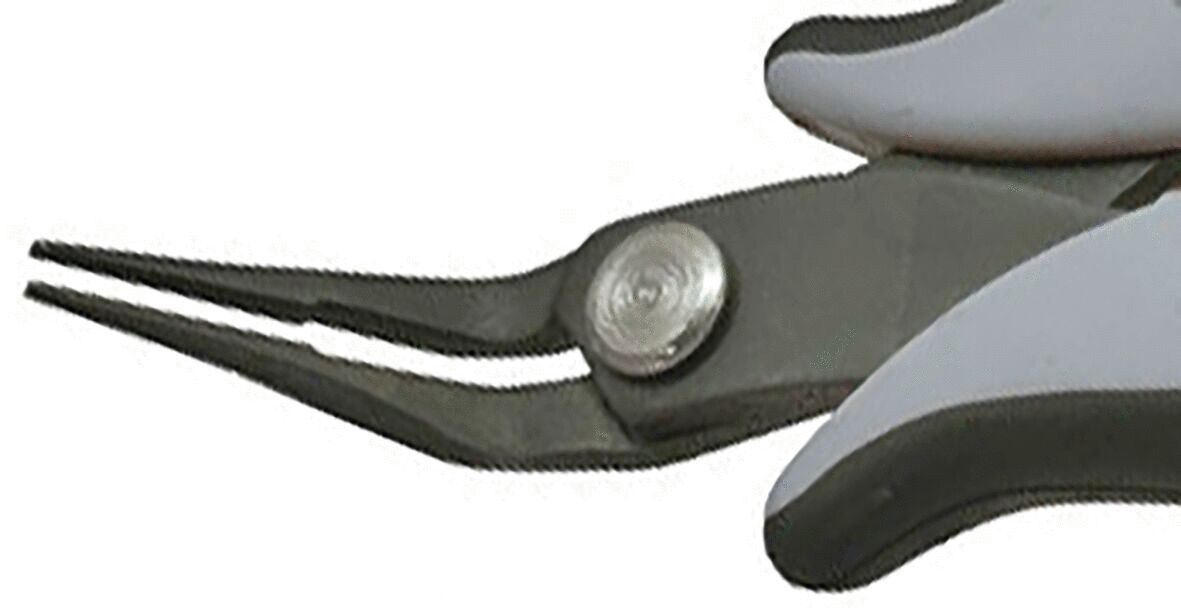 The image shows the tip of a pair of pliers with long, narrow jaws. The handle is ergonomically shaped and has a non-slip surface. In the center, there is a round turning knob.