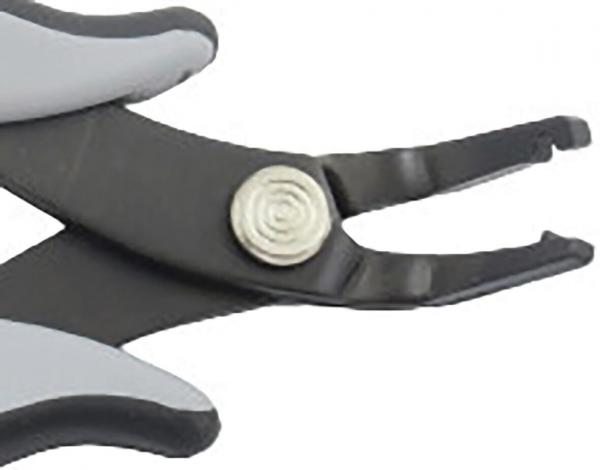 The image shows a large pair of pliers with ergonomic handles. The pliers have two serrated gripping surfaces and a silver screw head in the middle that connects the two halves.