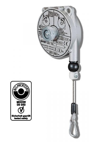 The image shows a metal dispenser with a round, flat back, a central shaft, and a retractable wire rope. Next to it, a safety label is depicted.