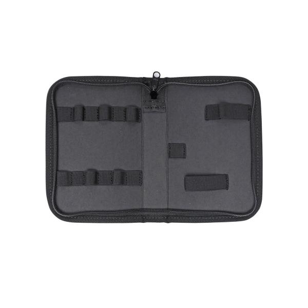The image displays a black, open bag or portfolio. Inside, there are various loops and compartments, likely for holding pens or other utensils.