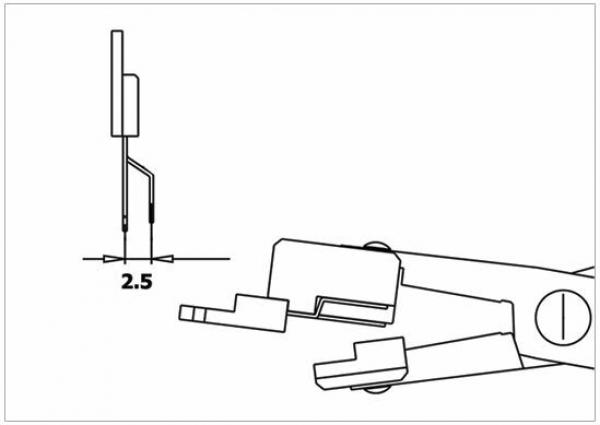The image shows a technical drawing of a component. On the left is a side view with dimensions. On the right is a top view of a connecting element with a vertical contact.