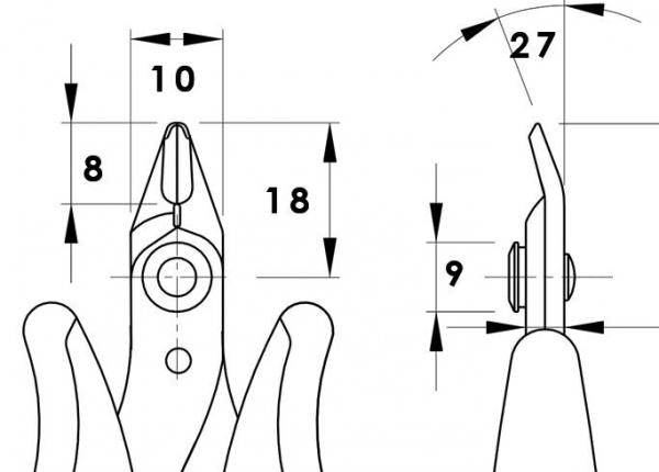 Das Bild zeigt eine technische Zeichnung einer Zange von oben und der Seite. Maße sind eingezeichnet: Längen und Durchmesser in Millimetern. Die Zange hat eine spitze Form und ergonomische Griffe.