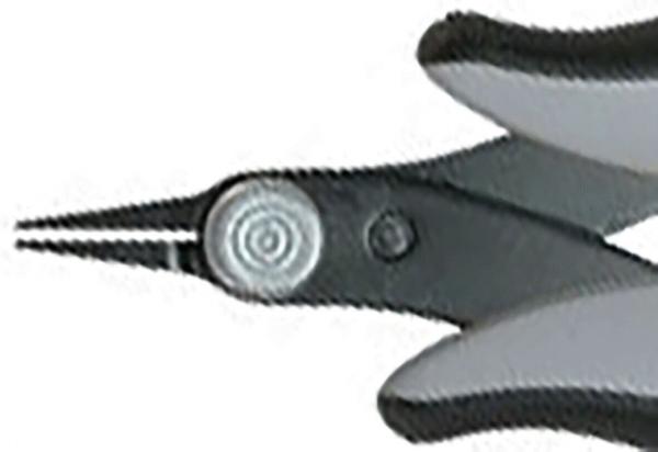 The image shows a pair of pliers with a pointed, narrow tip at one end. The handle is black and gray, and there is a round screw in the middle.