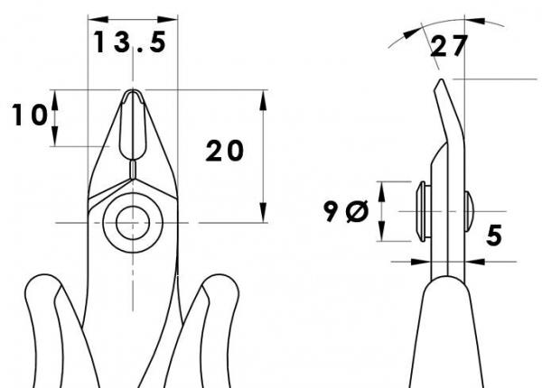 The image displays a technical drawing of a pair of pliers. The two views (front and side) show dimensions and proportions. Key measurements are 13.5 mm, 10 mm, and 27 mm.