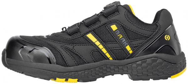 The shoe is black with yellow accents. It has a reinforced toe cap and elastic laces. The sole is grippy and provides good traction. Ideal for work or leisure.