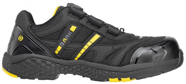 The shoe is black with yellow details. It has a sturdy sole and a reinforced toe. The design is sporty and functional, ideal for work or leisure.