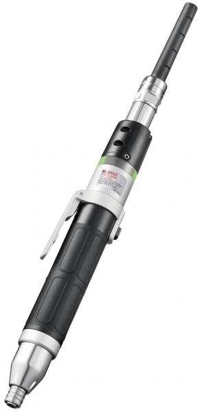 The image shows a cylindrical, black screwdriver with a silver head. The handle is non-slip and has a clip mechanism. At the tip, there is a long, thin tool.