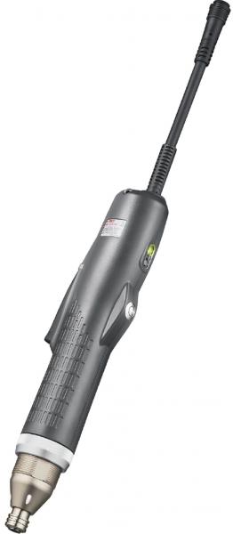 The image displays a gray, handy power tool, similar to a screwdriver, with a long, flexible cable and a round attachment at the tip. It features a modern design.
