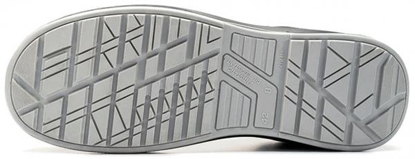 The image shows the underside of a shoe. It is flat and made of gray rubber with a non-slip, textured tread featuring various geometric patterns.