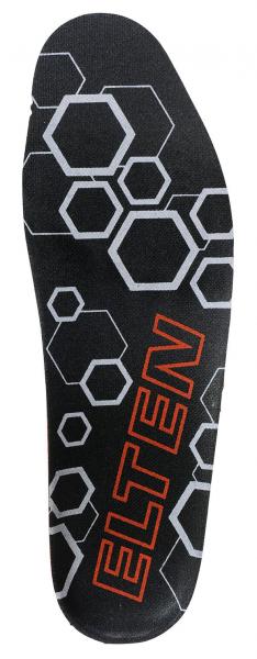 Das Bild zeigt eine Schuhsohle in schwarz mit hexagonalem Muster. Der Markenname "ELTEN" ist in orange abgebildet. Die Sohle hat eine flache, ergonomische Form.