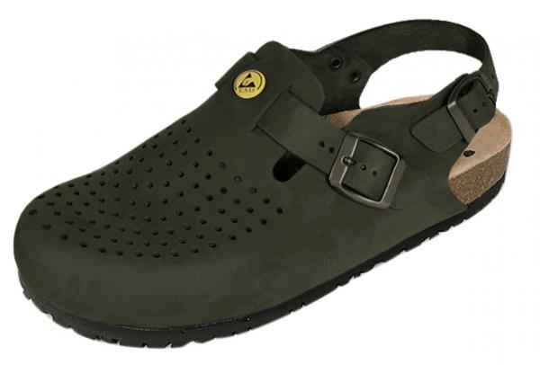 Das Bild zeigt einen dunkelgrünen Clog-Sandale mit einem offenen Fersenbereich, einem Riemen und Belüftungslöchern auf der Oberseite. Die Sohle ist aus schwarzem Material.