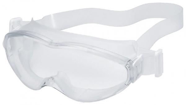 The image shows a clear safety goggle with a flexible rubber band. It has a closed design to protect the eyes and is lightweight, ensuring a comfortable fit.