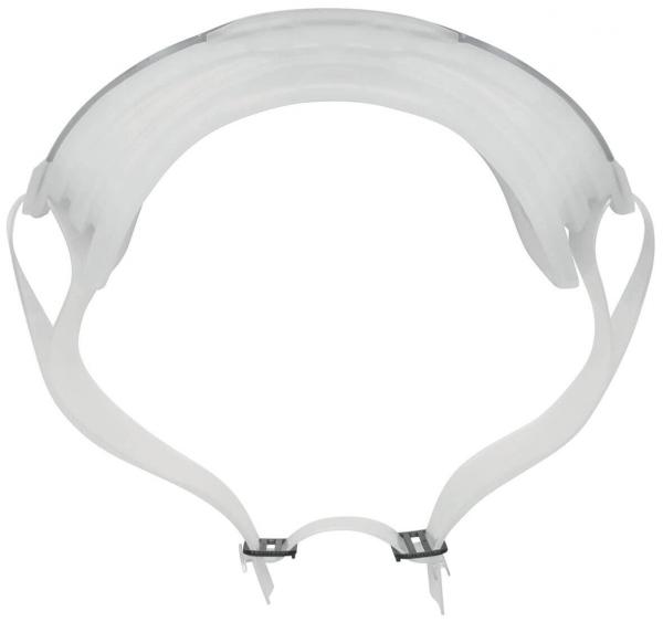 The image shows a clear, rounded face shield. It features an elastic strap for fit and is transparent, ideal for facial protection, e.g., during work or in healthcare.