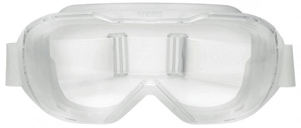 In the image, safety goggles are visible. They are transparent and feature a wide, elastic band for a secure fit. The lenses are large and frameless, ideal for protection.