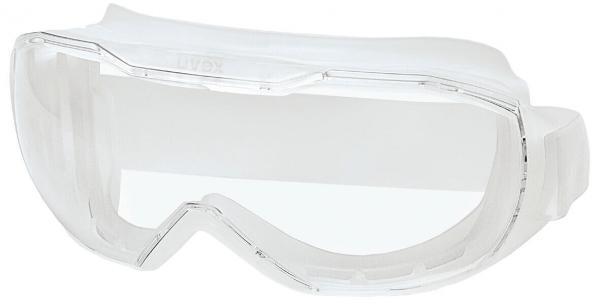 The image shows a clear safety goggle. It features a wide, flat design with a transparent lens and an elastic band for a secure fit.