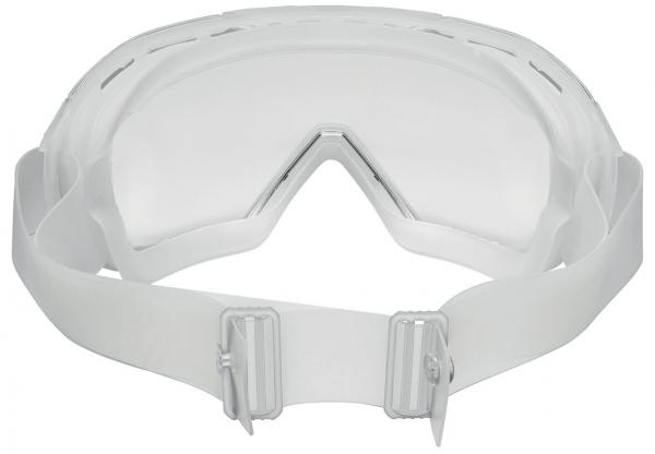 The image shows a white safety goggle with a wide, flexible strap that has two adjustment buckles. It features a curved, transparent lens and is suitable for various activities.