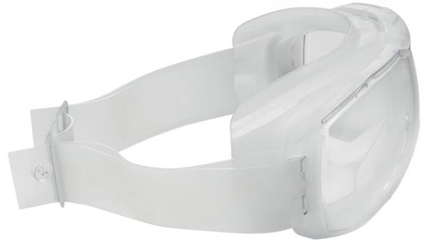 The image shows a transparent safety goggle with a wide, elastic band. The goggle has a smooth surface and is shaped to fit snugly and protect the eyes.