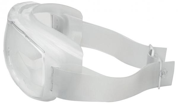 The image shows a transparent safety goggle with a wide, elastic band. The lenses are large and rounded to cover the face well. Ideal for eye protection.