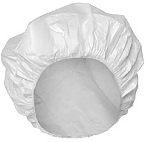The image shows a white bonnet made of light, plastic-like material. The bonnet has an elastic hem and a wide, round opening that is open at the top.