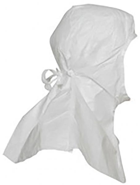 The image shows a white cap made of lightweight fabric. It has a round shape, a closed top, and tie-like elements that hang down at the sides.